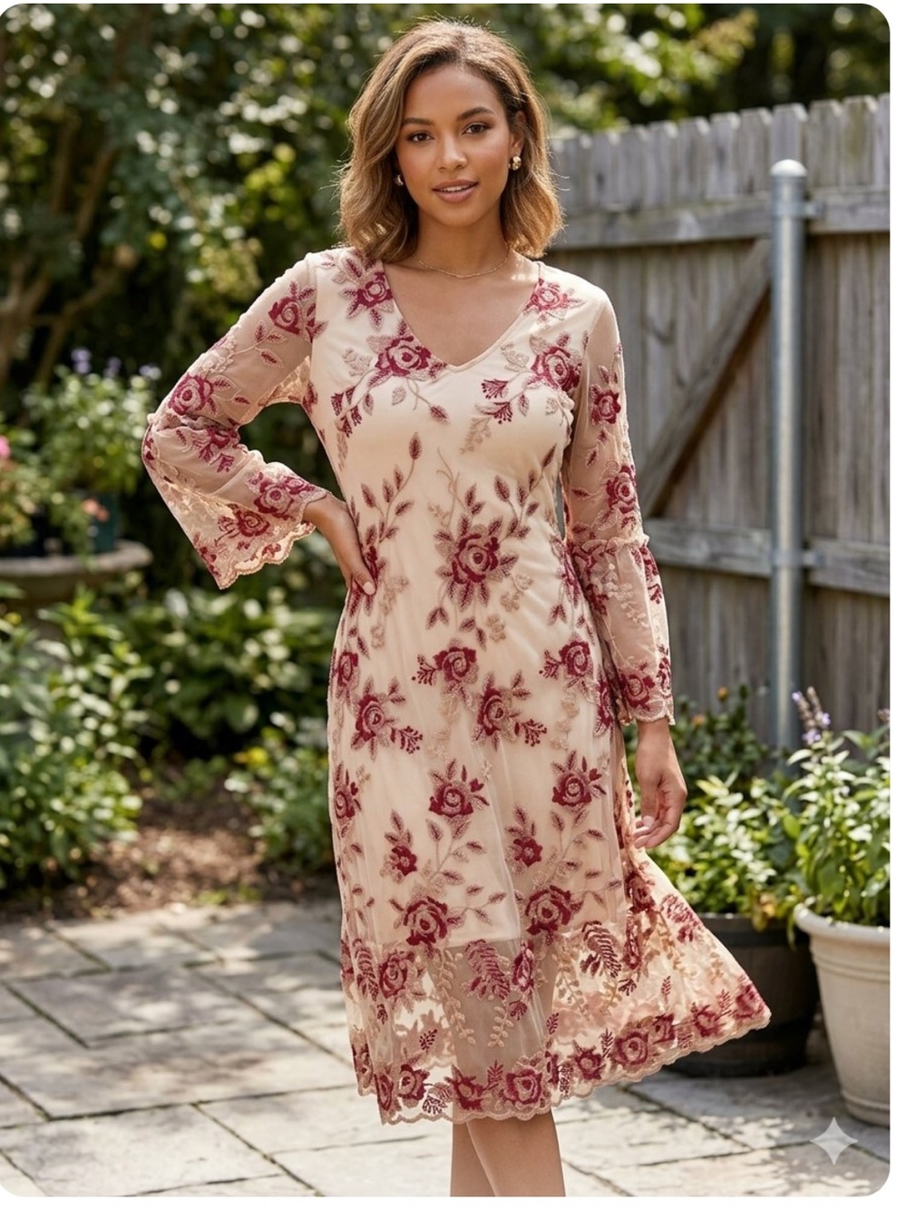 👗Reba Floral Embroidered Beige and Burgundy Women’s Dress